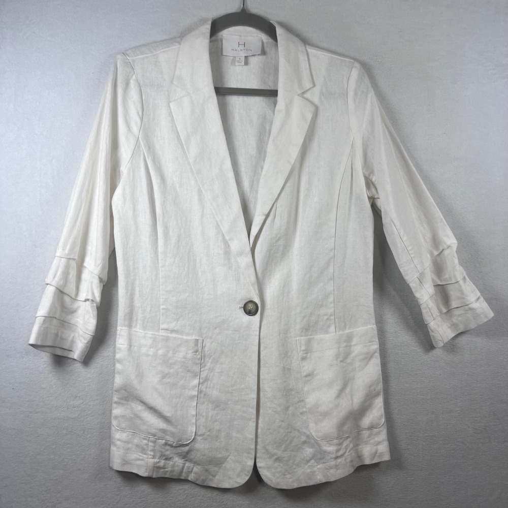 Halston‎ Womens White Linen Blend 3/4 Sleeve Single Button Blazer Jacket Size S
